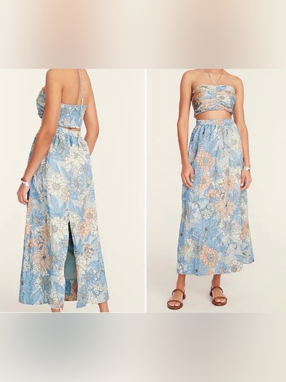 J. Crew Light Blue Floral Maxi Skirt Set with Pink & Cream Blooms